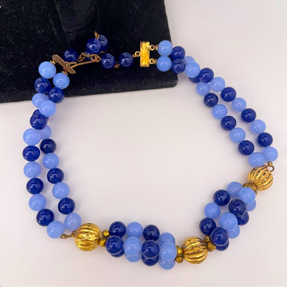 Vintage 50’s Blue Beaded MOD Festival Whimsical Retro Hook Back Choker Necklace